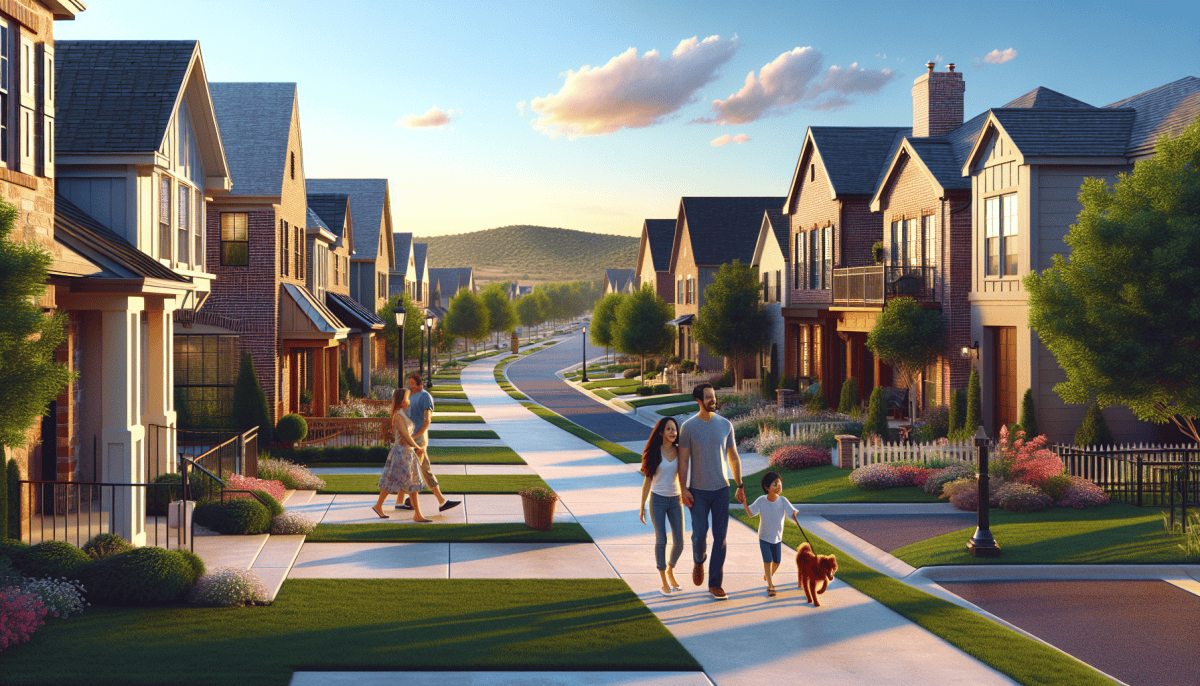Family walking down a sidewalk in a neighborhood with homes lined on both sides of the street in Oklahoma.